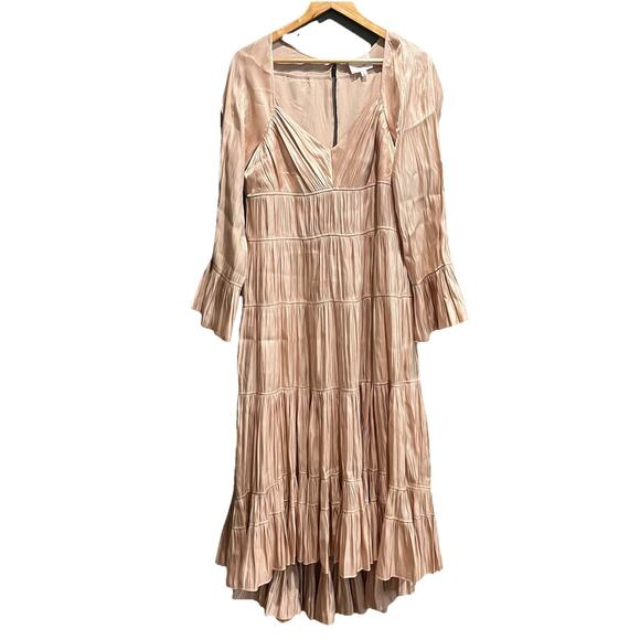 Cinq a Sept Beige Nina Satin Long Bell Sleeve Pleated Women's Dress Size 8 - Picture 1 of 5